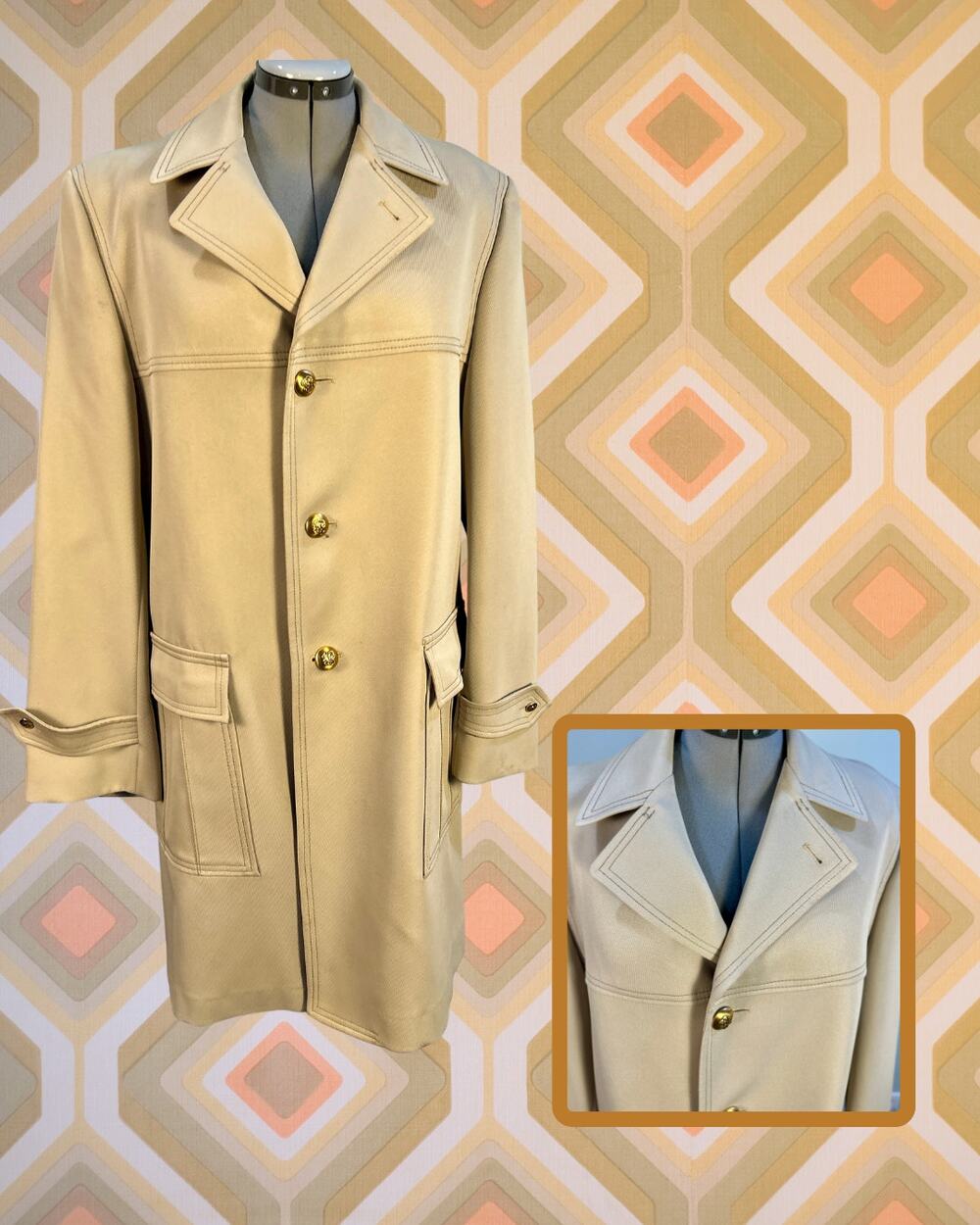 Vintage 70s Johnny Carson Long Tan Balmacaan Overcoat Trench Coat 44L